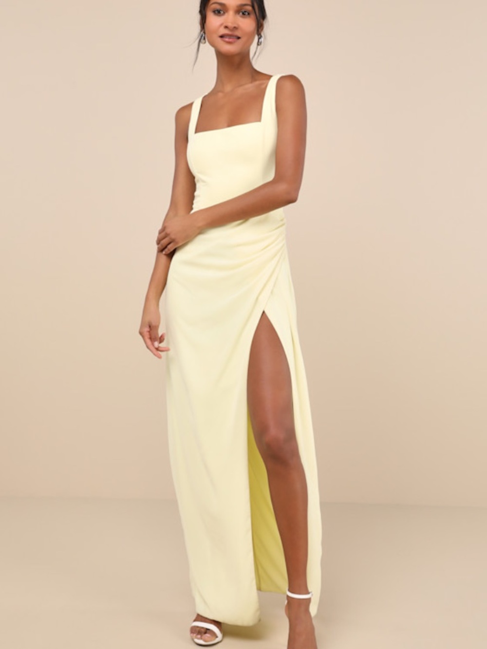 Lulus Glamorous Disposition Light Yellow Ruched Maxi Dress - Size XL